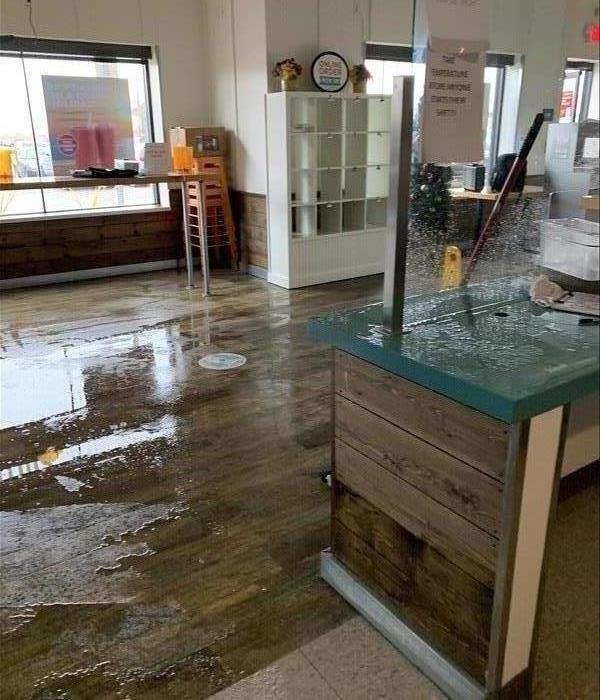 Blue Counter, Water, Hardwood Floor, mop, flood, glass wet. Lobby after the clean up. 