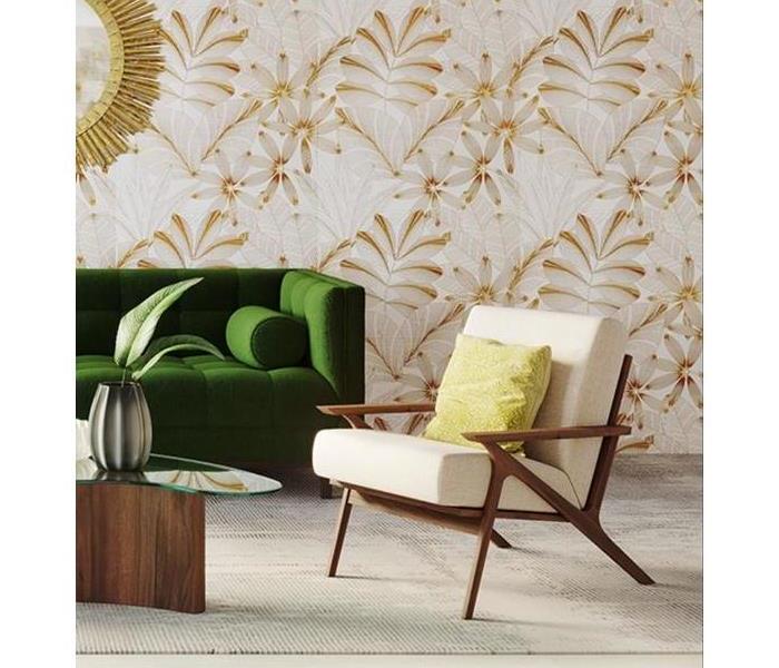 Green couch, Wallpaper walls, gold wood and white fabric chair